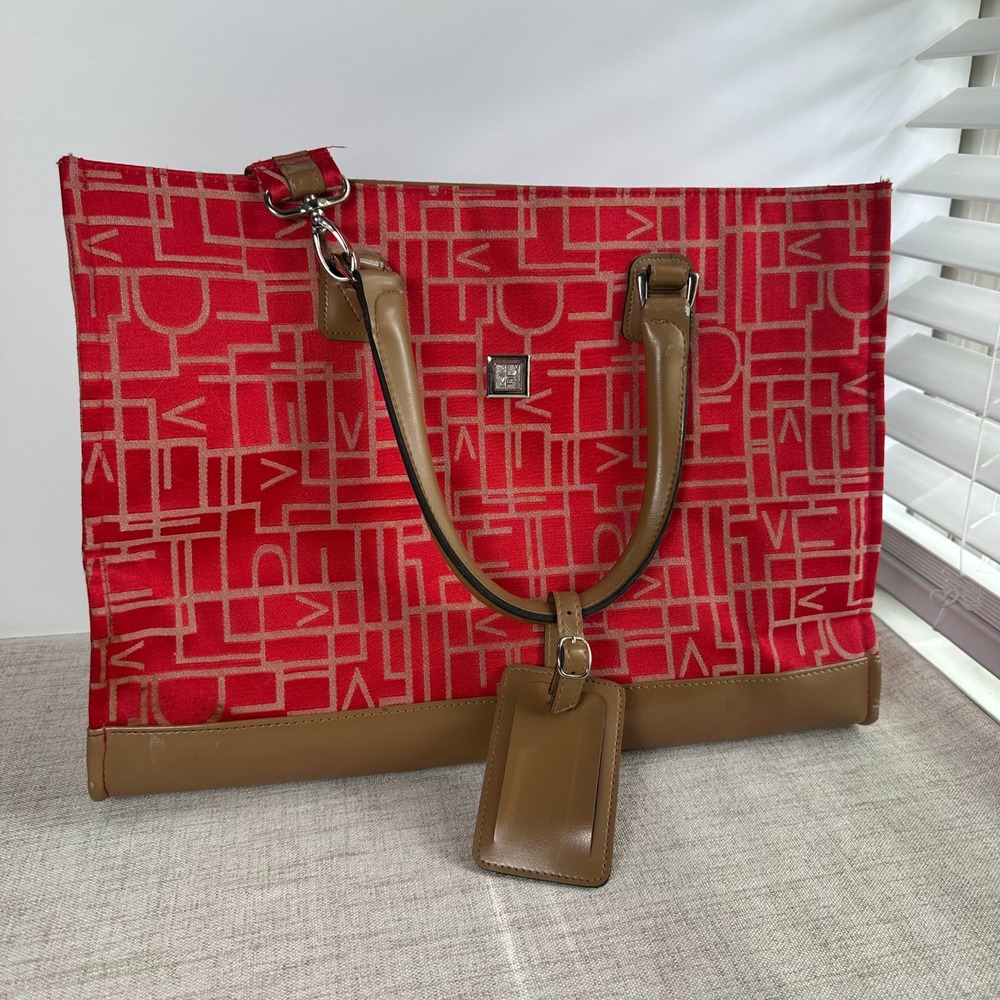 Diane von Furstenberg DVF Red Tan Geometric Logo Large Tote Shoulder Bag